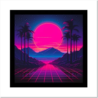 Vaporwave Retrowave Synthwave Vintage Sunset Palm Trees Ocean Mountains Posters and Art